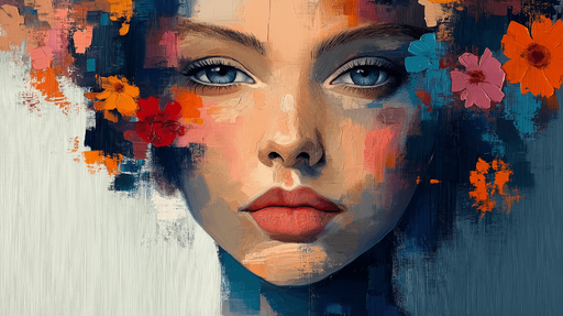 Papier peint portrait floral Visage stylisé entouré de fleurs colorées