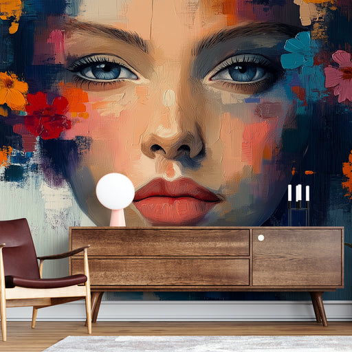 Papier peint artistique avec portrait de visage stylisé entouré de fleurs colorées pour décoration murale moderne.