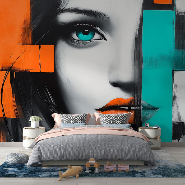 Papier peint moderne avec visage stylisé aux couleurs vives pour chambre contemporaine