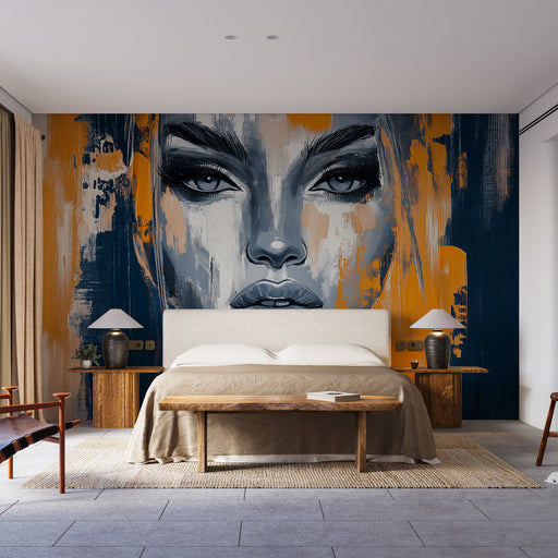 Papier peint moderne avec visage stylisé et touches de couleur pour chambre contemporaine