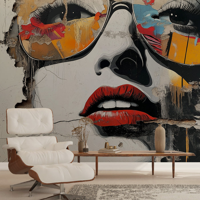 Papier peint moderne avec visage stylisé, lunettes colorées et éclats de peinture pour salon contemporain.