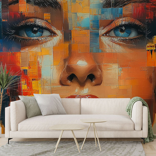 Papier peint mural abstrait avec visage artistique et éclats de couleurs vibrantes pour salon moderne.