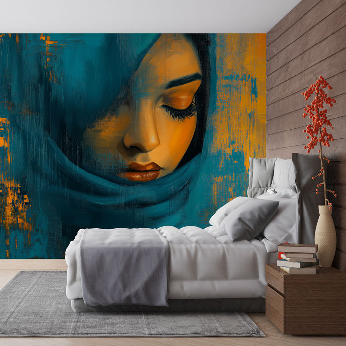 Papier peint artistique avec portrait stylisé de femme voilée sur fond vibrant pour décoration de chambre moderne.