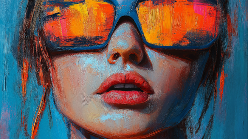 Papier peint portrait stylisé Visage féminin aux lunettes réfléchissantes et couleurs vibrantes