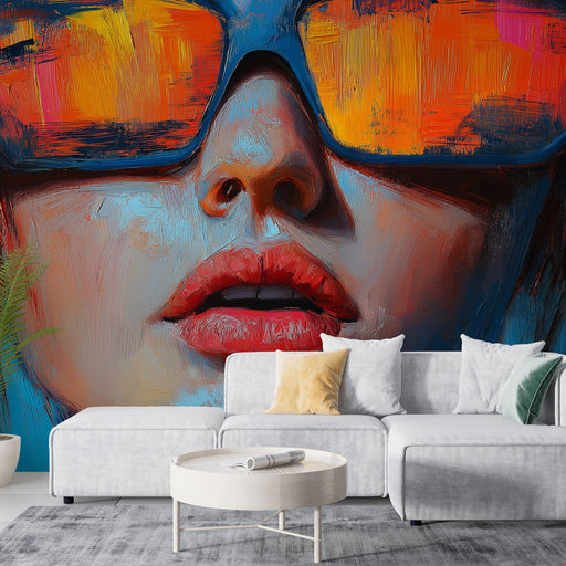 Papier peint moderne avec portrait stylisé de visage féminin aux lunettes réfléchissantes et couleurs vibrantes pour salon contemporain.