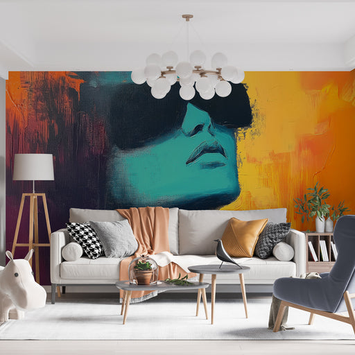 Papier peint moderne avec portrait stylisé de visage féminin et lunettes, couleurs vibrantes pour salon contemporain.