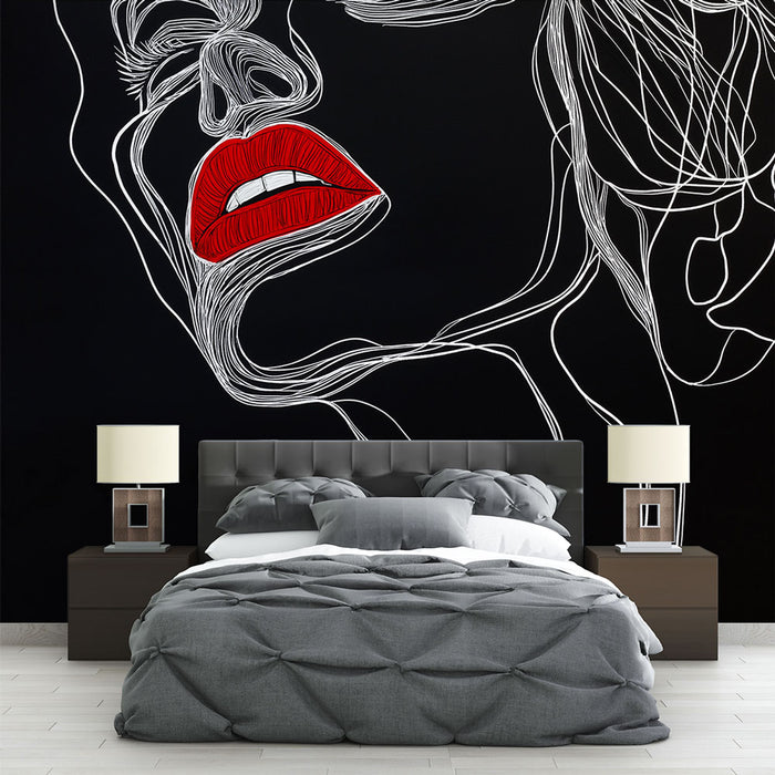 Papier peint artistique noir avec visage féminin stylisé et lèvres rouges pour chambre moderne