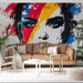 Papier peint artistique avec visage stylisé et motifs colorés pour salon moderne