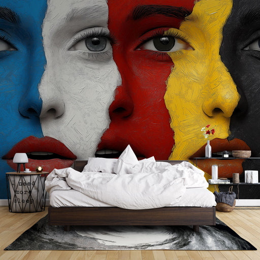 Papier peint artistique avec portraits colorés et visages stylisés aux teintes vives pour chambre moderne.