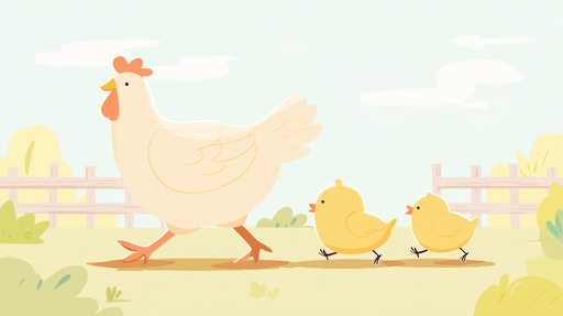 Papier peint poules et poussins Charmante illustration d'une poule marchant avec ses poussins