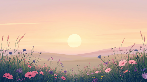 Papier peint prairie Champ de fleurs au coucher de soleil mélodieux