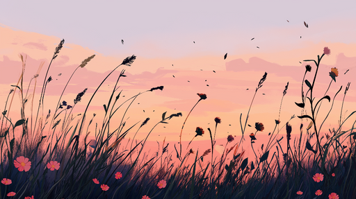 Papier peint prairie Champ de fleurs au coucher de soleil