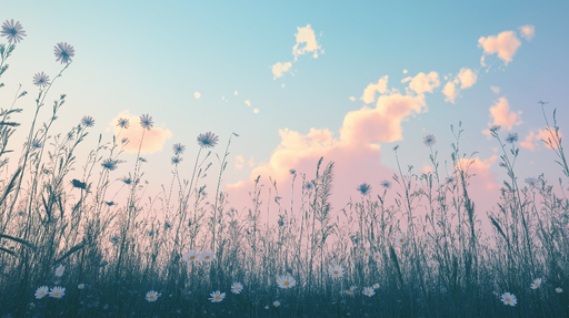 Papier peint prairie Champ de fleurs aux nuances pastel et ciel dégagé