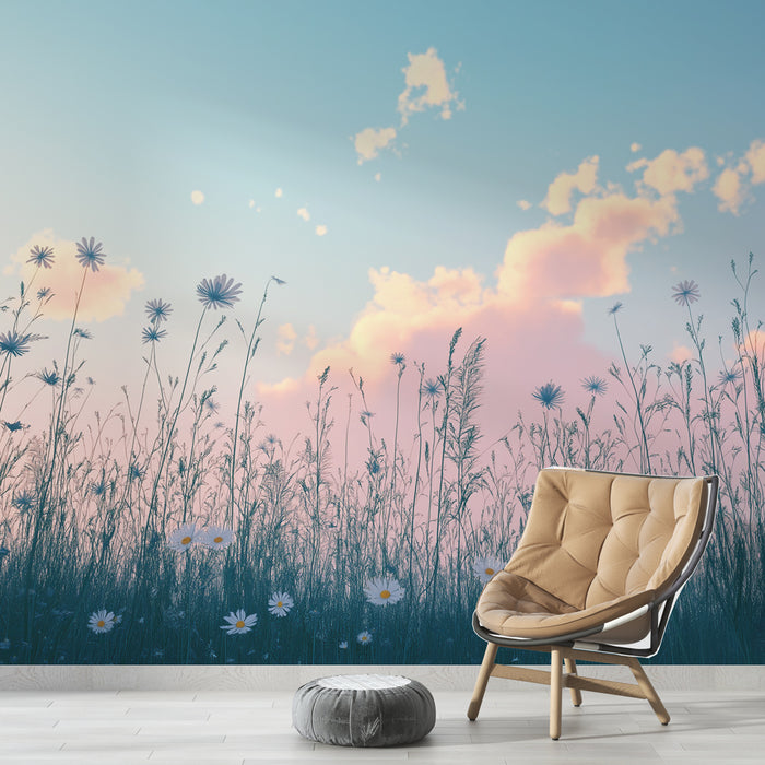 Papier peint prairie | Champ de fleurs aux nuances pastel et ciel dégagé
