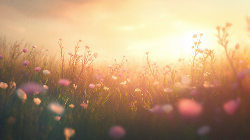 Papier peint prairie Champ de fleurs coloré illuminé par le soleil couchant