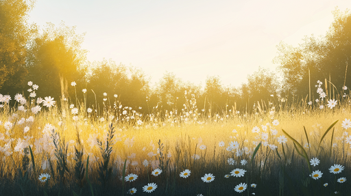 Papier peint prairie Champ de fleurs des champs illuminé par le soleil