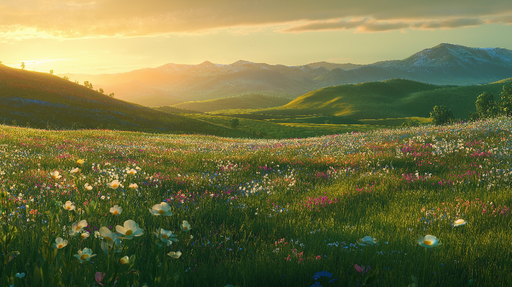 Papier peint prairie Champ de fleurs sauvages au coucher de soleil