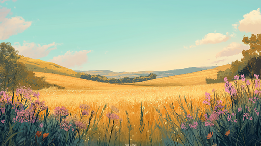 Papier peint prairie Champ doré avec fleurs colorées