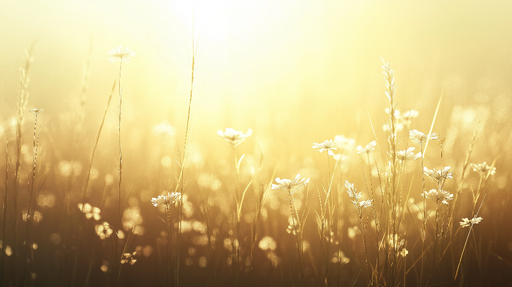 Papier peint prairie Champ fleuri baigné de lumière dorée