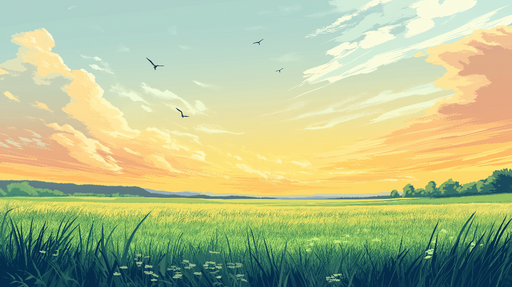 Papier peint prairie Ciel pastel et champs verdoyants au crépuscule