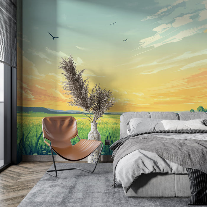 Papier peint prairie | Ciel pastel et champs verdoyants au crépuscule