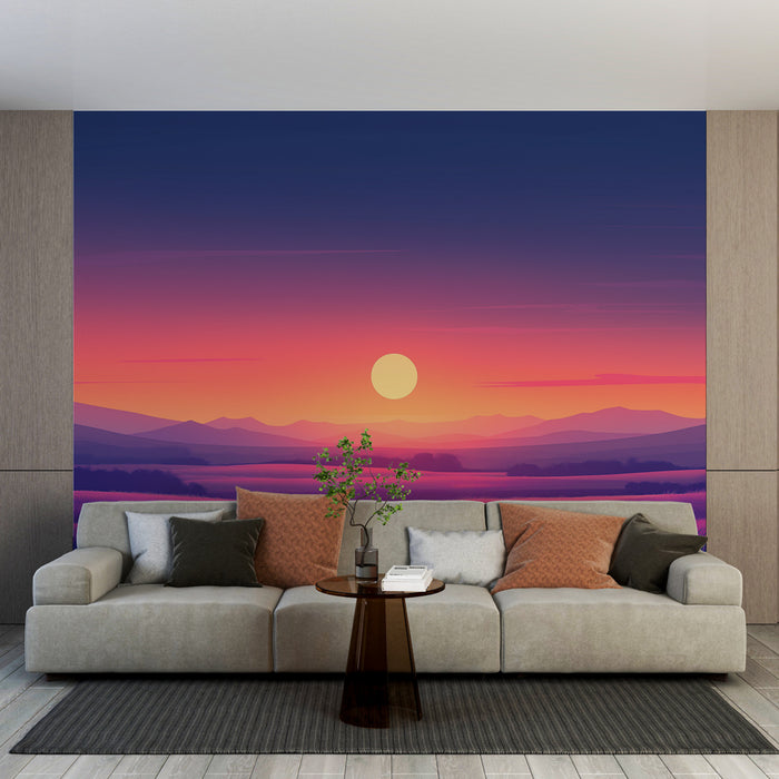 Papier peint prairie | Coucher de soleil pastel sur une prairie