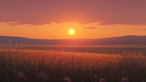 Papier peint prairie Coucher de soleil sur une prairie dorée