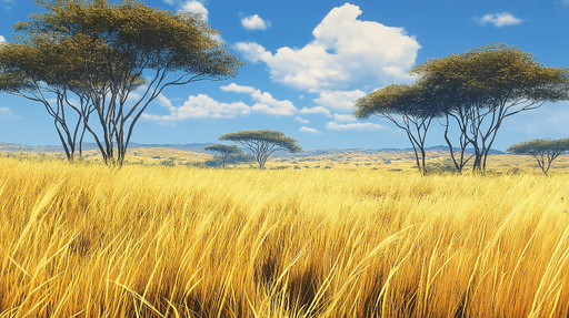 Papier peint prairie dorée Paysage naturel ensoleillé avec arbres