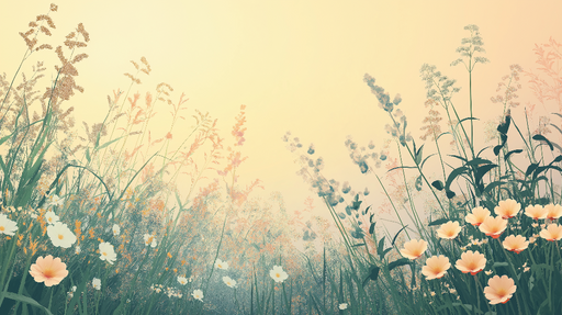 Papier peint prairie Fleurs délicates et herbes douces sous un ciel pastel