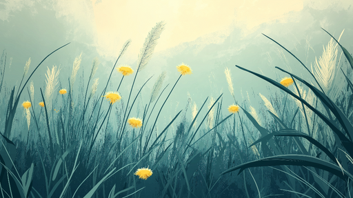 Papier peint prairie Fleurs jaunes et herbes éthérées dans une ambiance apaisante