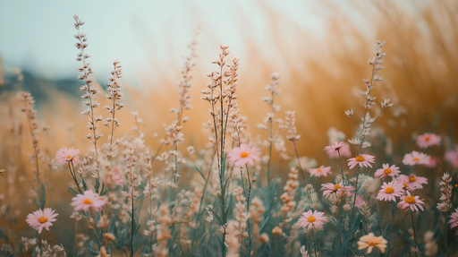 Papier peint prairie Fleurs sauvages et herbes dorées dans un champ tranquille