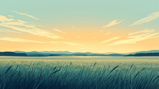 Papier peint prairie Paysage de prairie au coucher de soleil avec des montagnes en arrière-plan