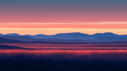 Papier peint prairie Paysage de prairie au coucher du soleil avec des teintes de violet et de rose