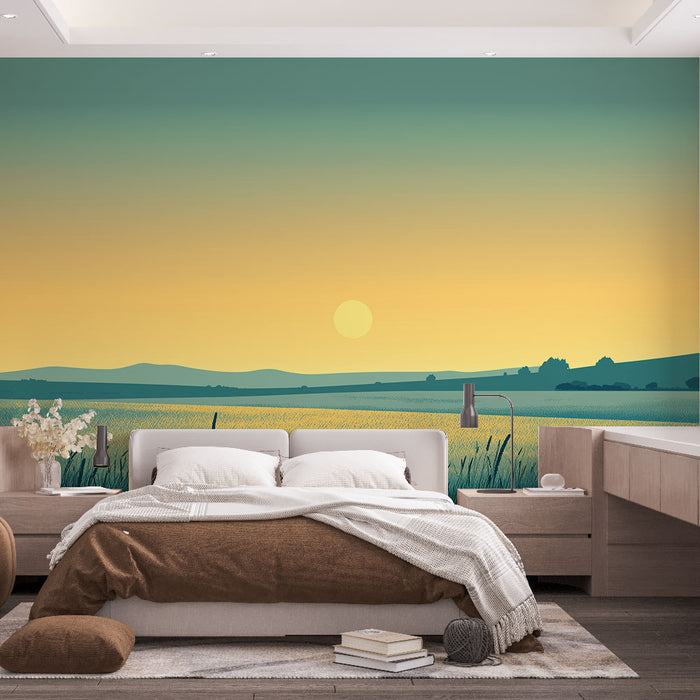 Papier peint prairie | Paysage de prairie au lever du soleil