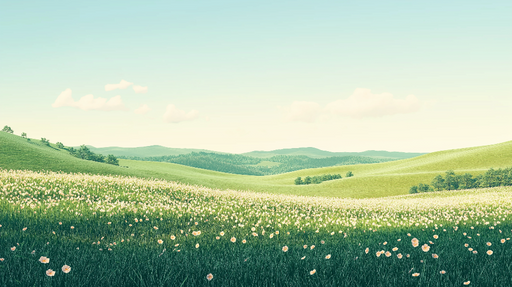 Papier peint prairie Paysage pastoral avec fleurs sauvages et collines verdoyantes