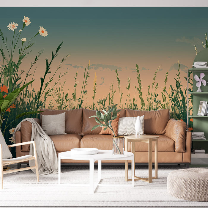 Papier peint prairie | Un doux paysage floral sauvage en dégradé apaisant