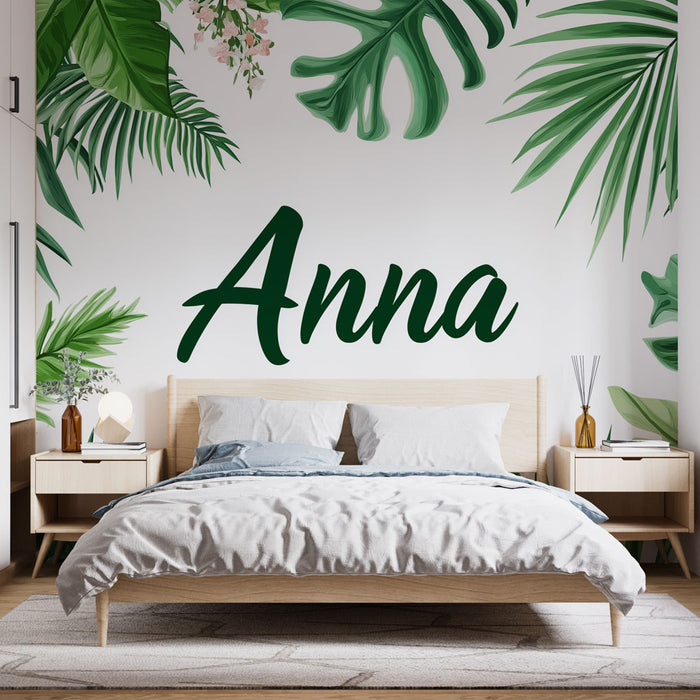 Papier peint prénom Anna | Feuillage tropical et fleurs colorées