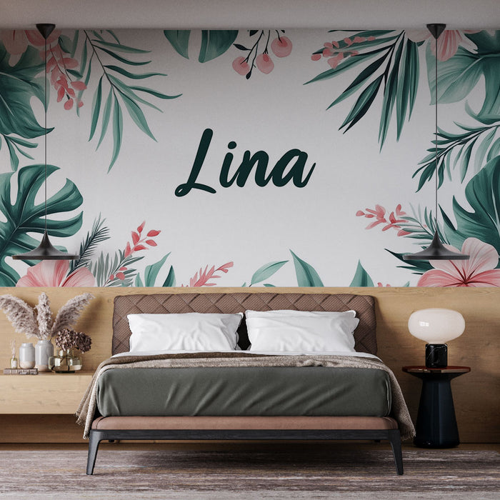 Papier peint prénom mural | Motif florale tropicale avec le prénom Lina
