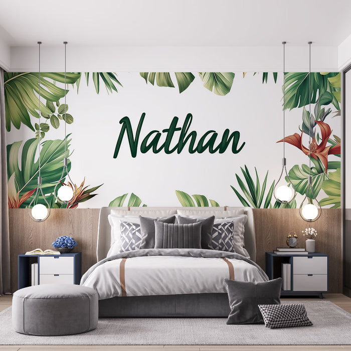 Papier peint prénom Nathan | Motif tropical avec feuillage luxuriant