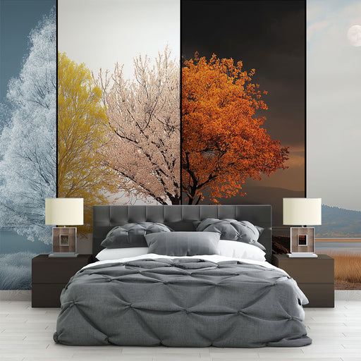 Une chambre moderne avec un papier peint représentant des arbres aux couleurs saisonnières, évoquant une atmosphère chaleureuse et apaisante.