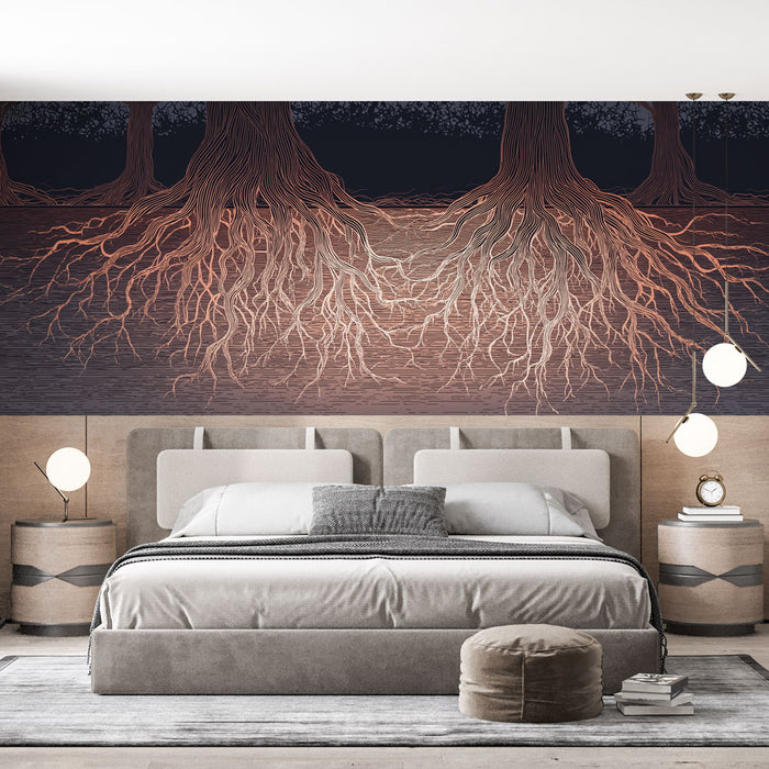 Une chambre moderne avec un papier peint artistique représentant des racines d'arbres en nuances de brun et noir, créant une ambiance naturelle et apaisante.