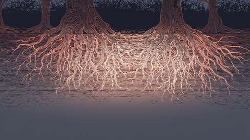 Papier peint racines d'arbres Motif artistique de racines entrelacées sur fond dégradé