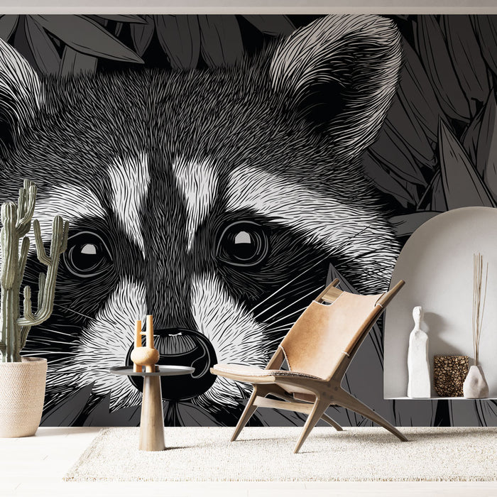 Une pièce moderne avec un papier peint représentant un raton laveur en noir et blanc, créant une ambiance artistique et captivante.