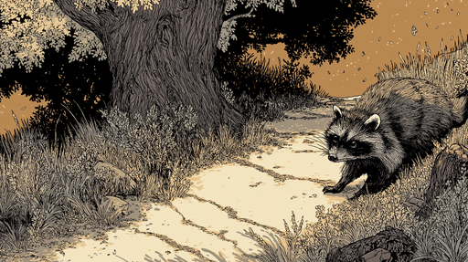 Papier peint Raton laveur Illustrations détaillées d'un raton laveur sur un chemin naturel