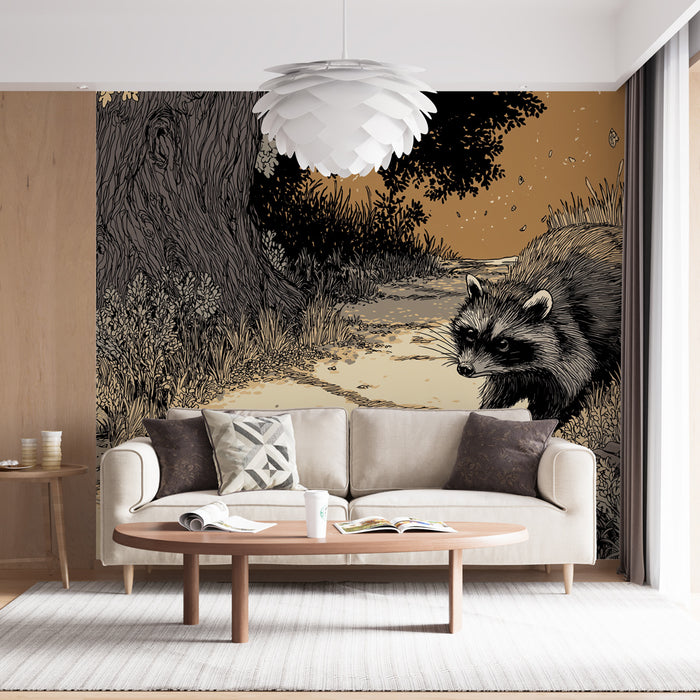 Un salon moderne avec un papier peint illustratif représentant un raton laveur sur un chemin forestier, créant une ambiance naturelle et accueillante.