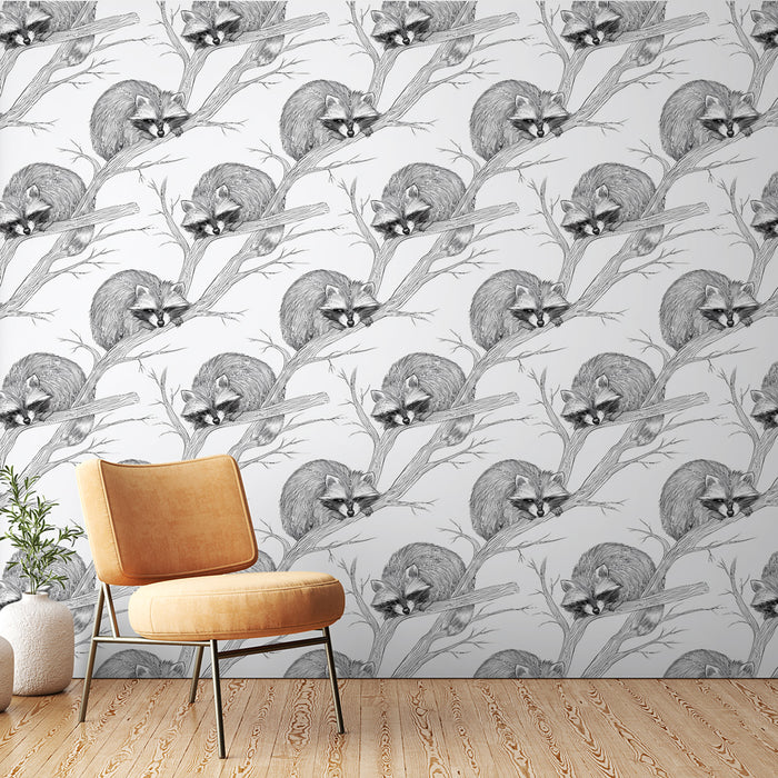 Une pièce moderne avec un papier peint illustrant des ratons laveurs sur des branches, créant une ambiance ludique et naturelle.