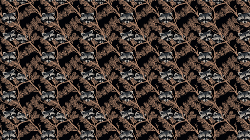 Papier peint raton laveur Motif ludique de ratons laveurs et feuillage doré sur fond noir