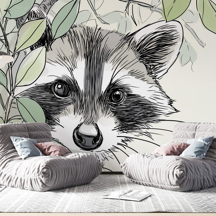 Un salon contemporain avec un papier peint illustrant un raton laveur stylisé entouré de feuillage, créant une atmosphère ludique et naturelle.