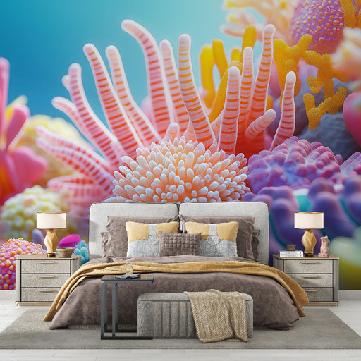 Papier peint récif corallien avec motif vibrant de coraux colorés pour chambre moderne.