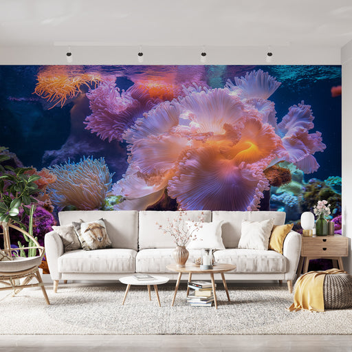 Papier peint récif corallien avec plongée sous-marine et coraux colorés pour salon moderne